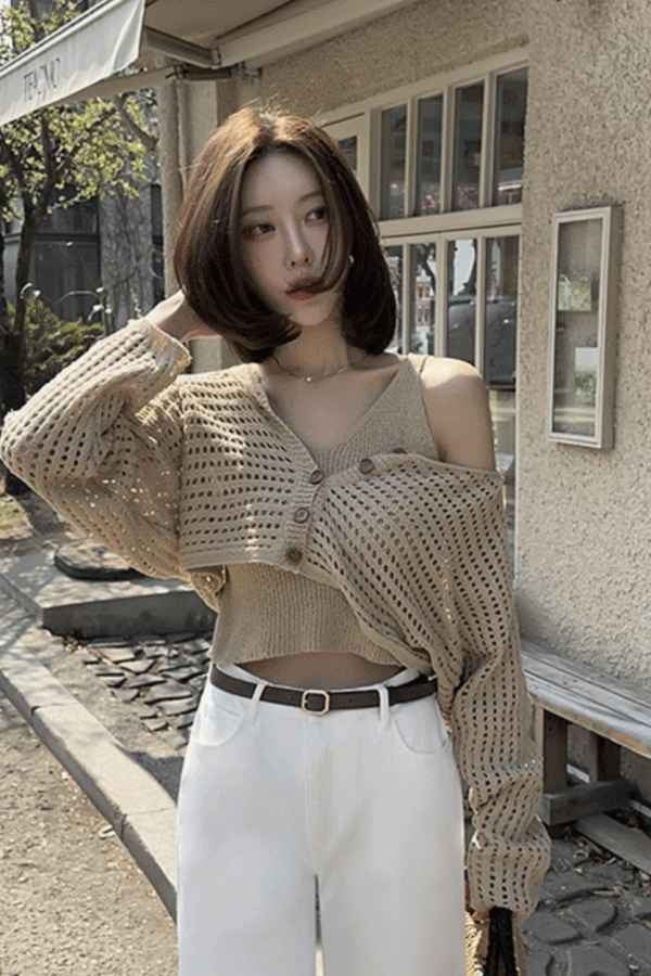 원펀치 스트랩 탑 가디건 세트
